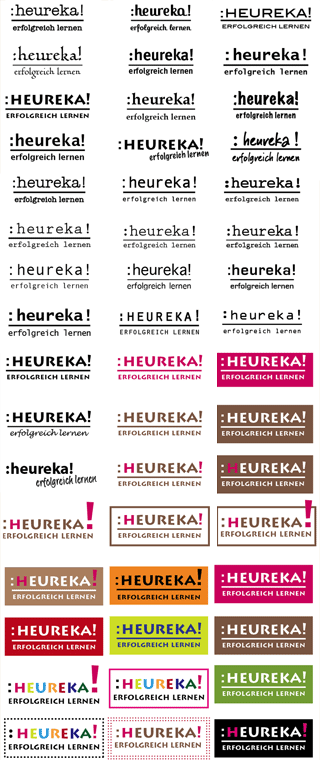 :heureka! erfolgreich lernen - Nachhilfestudio - Logo - Varianten 1 zur Wirkung verschiedener Schriftarten und Farbkombinationen