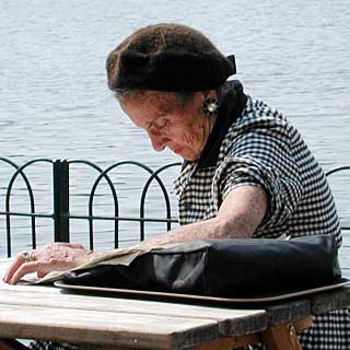 old lady reading in hyde park sun