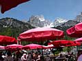 pink umbrellas spoil the mountain view ... (what, are there mountains...? a jeep drove us here....)