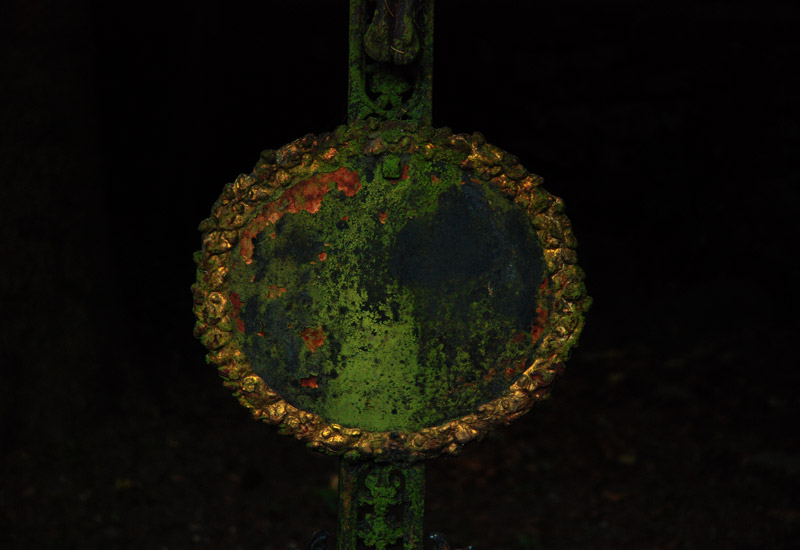 part of a cross on a grave, name taken by patina, moss and lichenic © Beate de Nijs