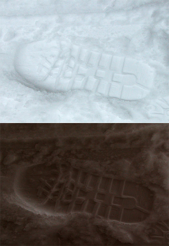 shoe profile in snow (why negativ?! it should have looked like below (inverse via photshop) © Beate de Nijs